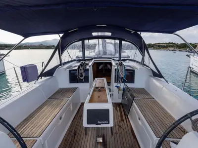 Cockpit of Something Stupid, a Dufour 382 GL sailboat at Figari/Golfo Aranci, Italy