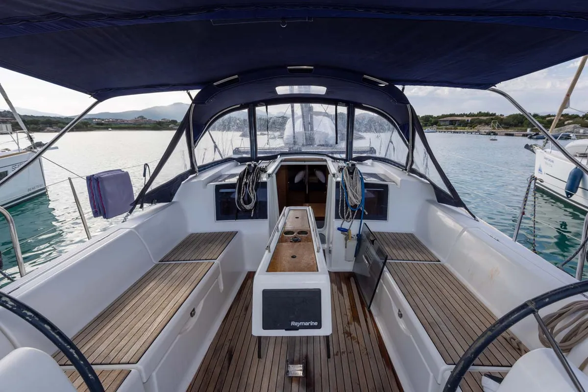 Cockpit of Something Stupid, a Dufour 382 GL sailboat at Figari/Golfo Aranci, Italy