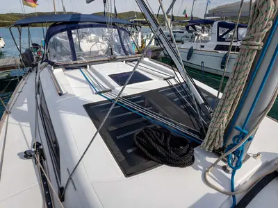 Deck of Something Stupid, a Dufour 382 GL sailboat at Figari/Golfo Aranci, Italy