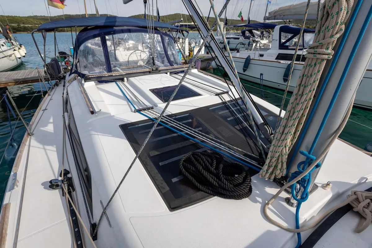 Deck of Something Stupid, a Dufour 382 GL sailboat at Figari/Golfo Aranci, Italy