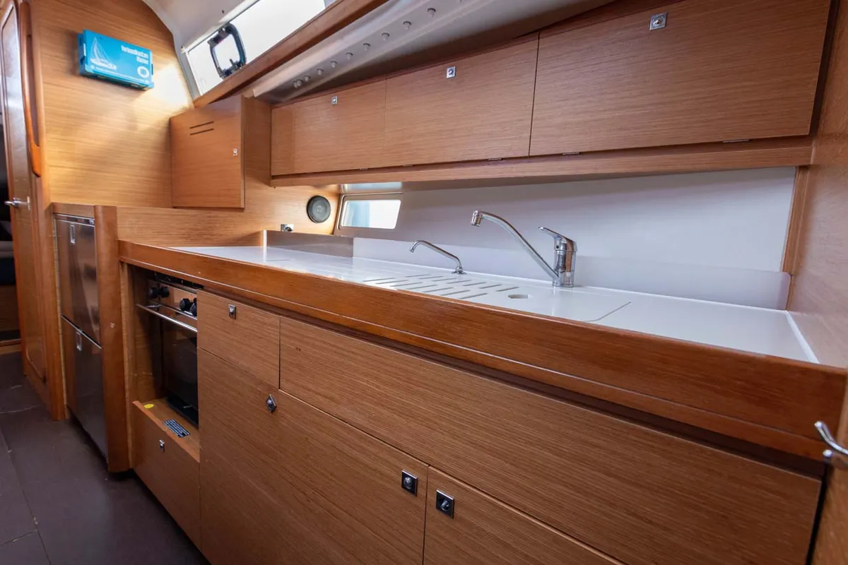 Galley of Something Stupid, a Dufour 382 GL sailboat at Figari/Golfo Aranci, Italy