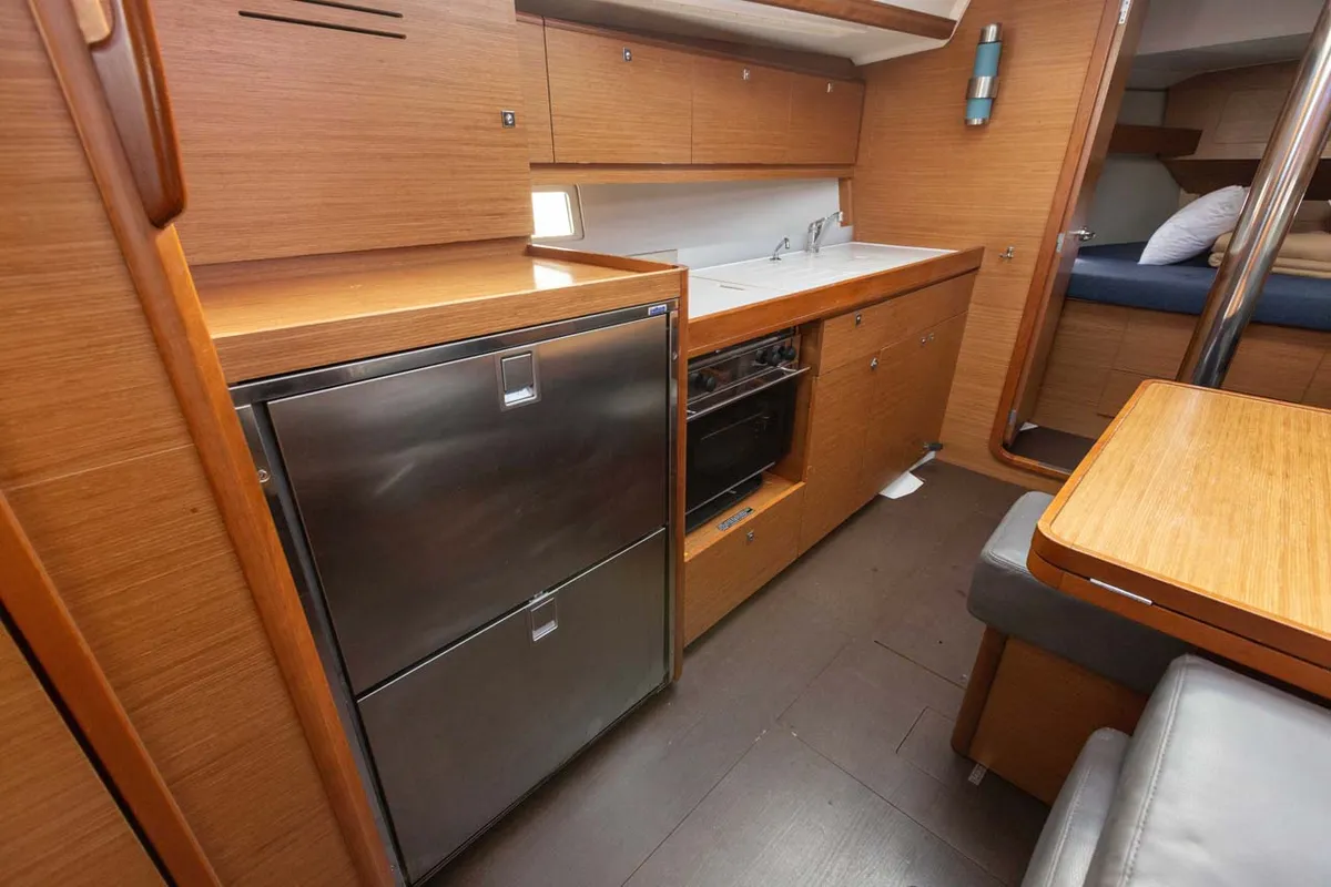 Galley of Something Stupid, a Dufour 382 GL sailboat at Figari/Golfo Aranci, Italy
