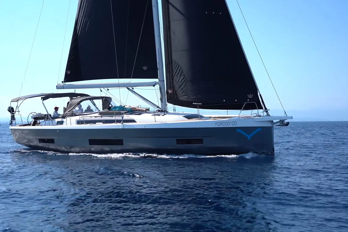 Exterior view of Potter, a Dufour 470 sailboat at Olbia, Italy