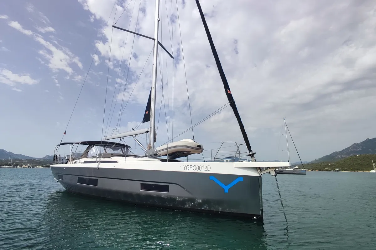 Exterior view of Potter, a Dufour 470 sailboat at Olbia, Italy