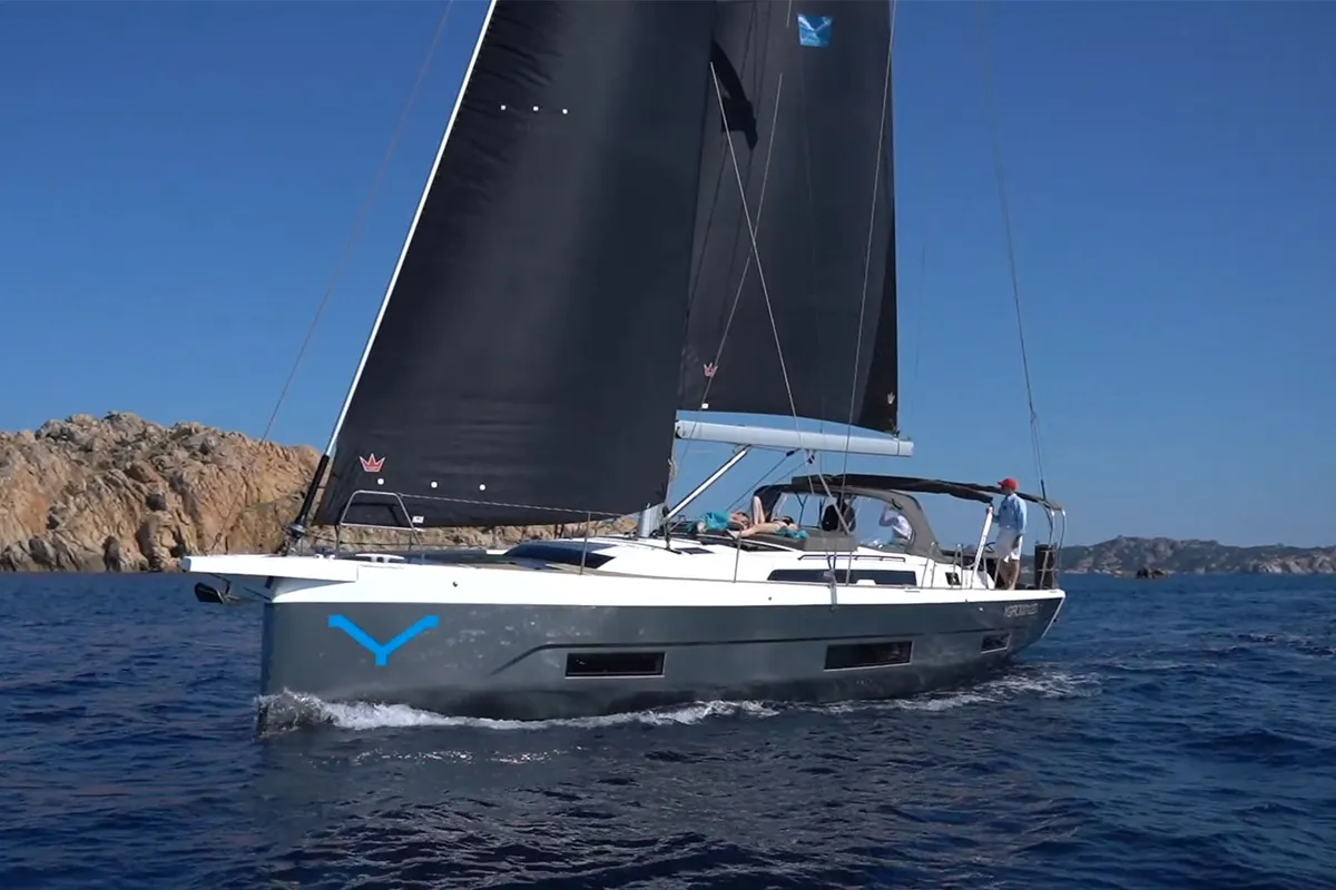 Exterior view of Potter, a Dufour 470 sailboat at Olbia, Italy