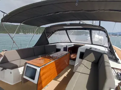 Deck of Potter, a Dufour 470 sailboat at Olbia, Italy