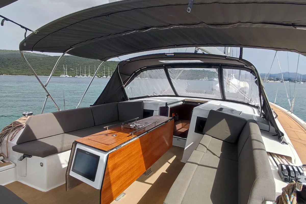 Deck of Potter, a Dufour 470 sailboat at Olbia, Italy