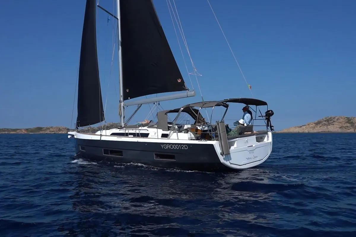 Exterior view of Potter, a Dufour 470 sailboat at Olbia, Italy