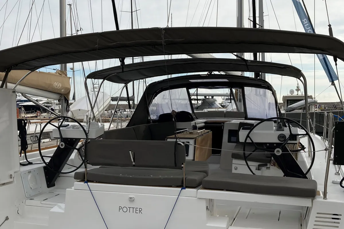 Cockpit of Potter, a Dufour 470 sailboat at Olbia, Italy