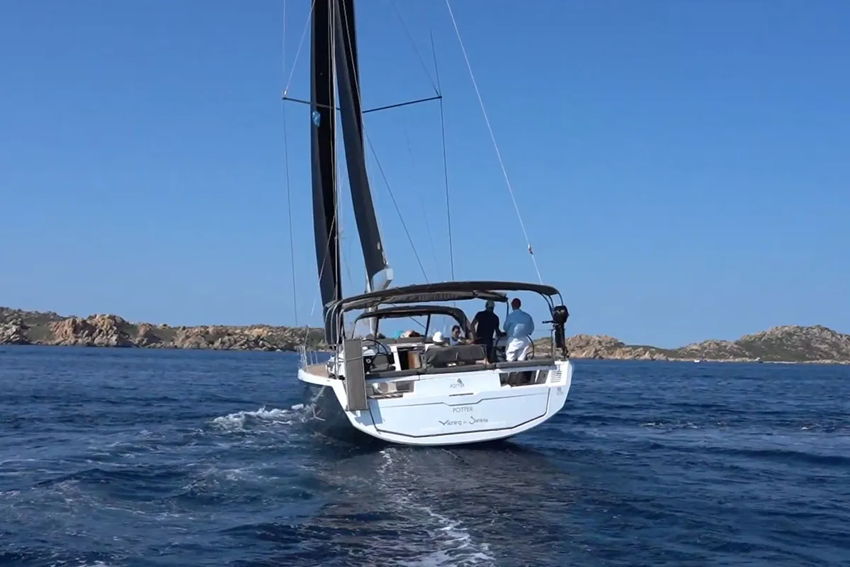 Exterior view of Potter, a Dufour 470 sailboat at Olbia, Italy