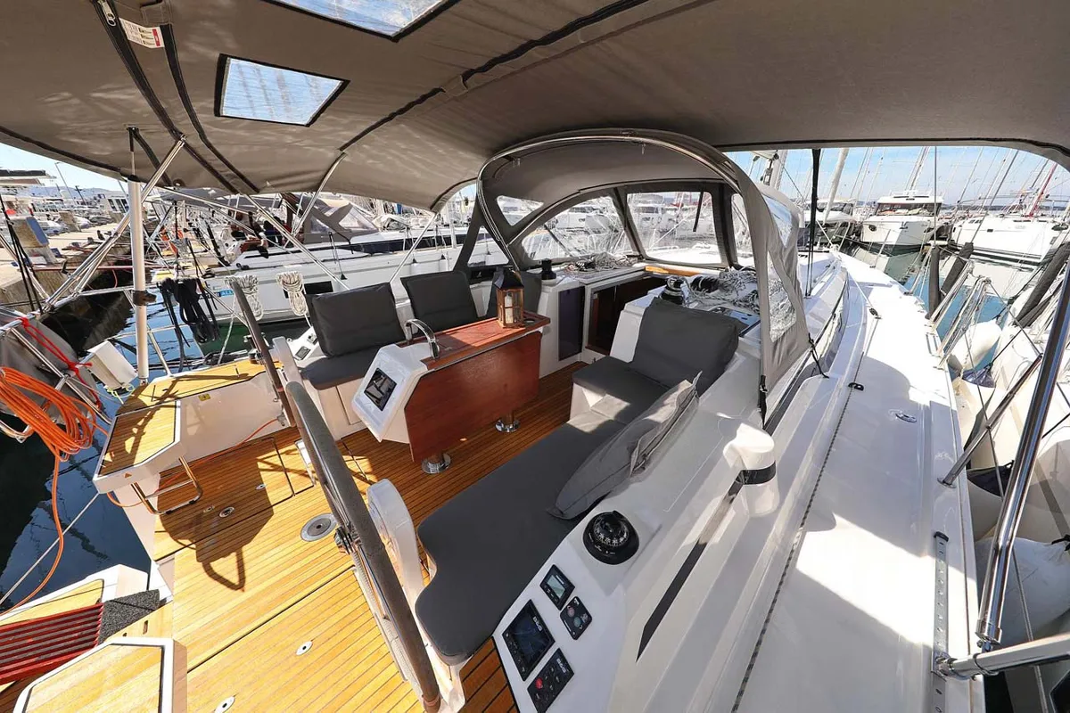Cockpit of Antares, a Bavaria C42 Style sailboat at Grad Biograd na Moru, Croatia