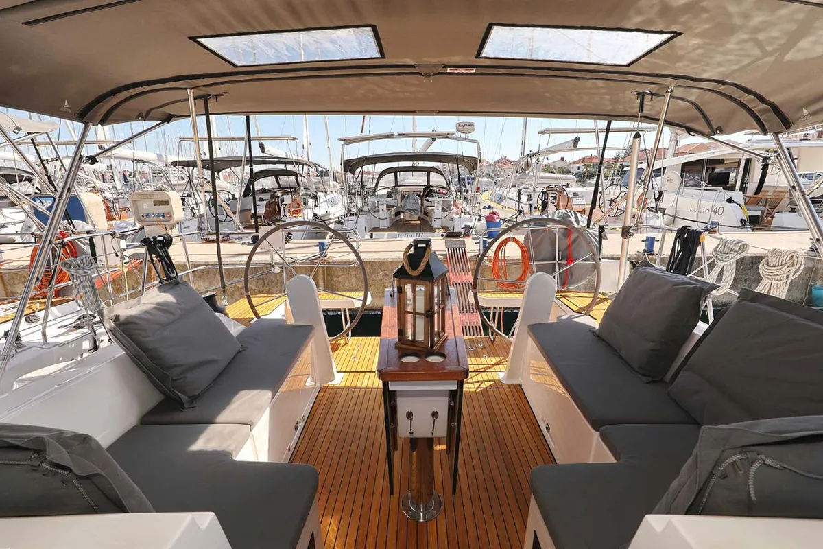 Cockpit of Antares, a Bavaria C42 Style sailboat at Grad Biograd na Moru, Croatia