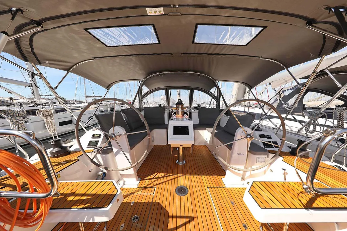 Cockpit of Antares, a Bavaria C42 Style sailboat at Grad Biograd na Moru, Croatia