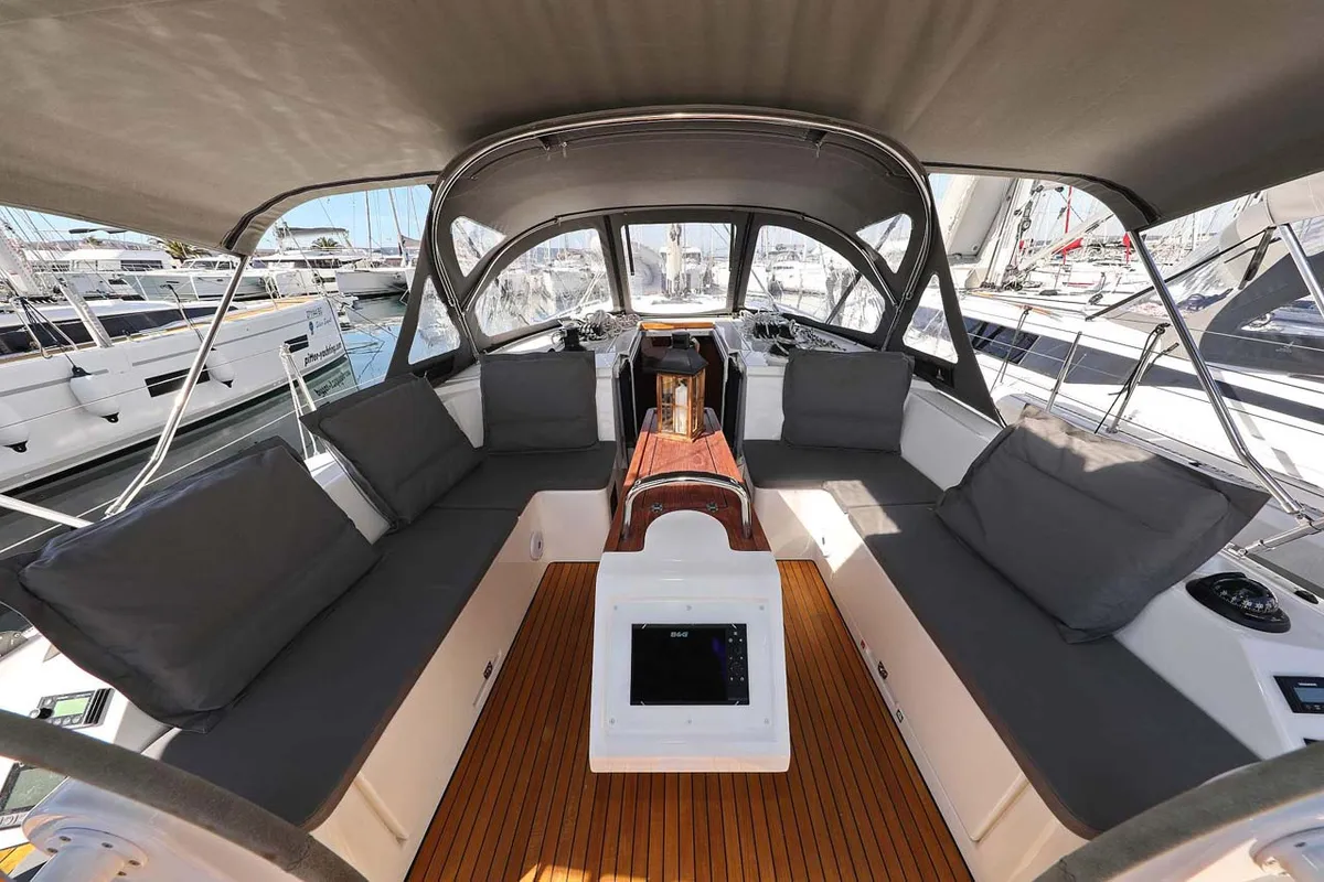 Cockpit of Antares, a Bavaria C42 Style sailboat at Grad Biograd na Moru, Croatia