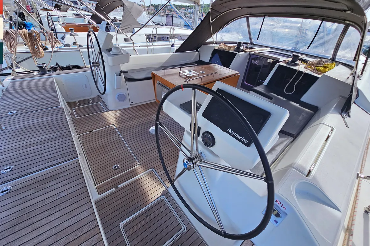 Cockpit of Maverick, a Dufour 520 GL sailboat at Rogoznica, Croatia