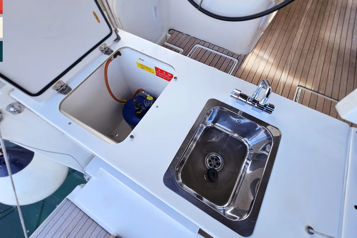 Deck of Maverick, a Dufour 520 GL sailboat at Rogoznica, Croatia
