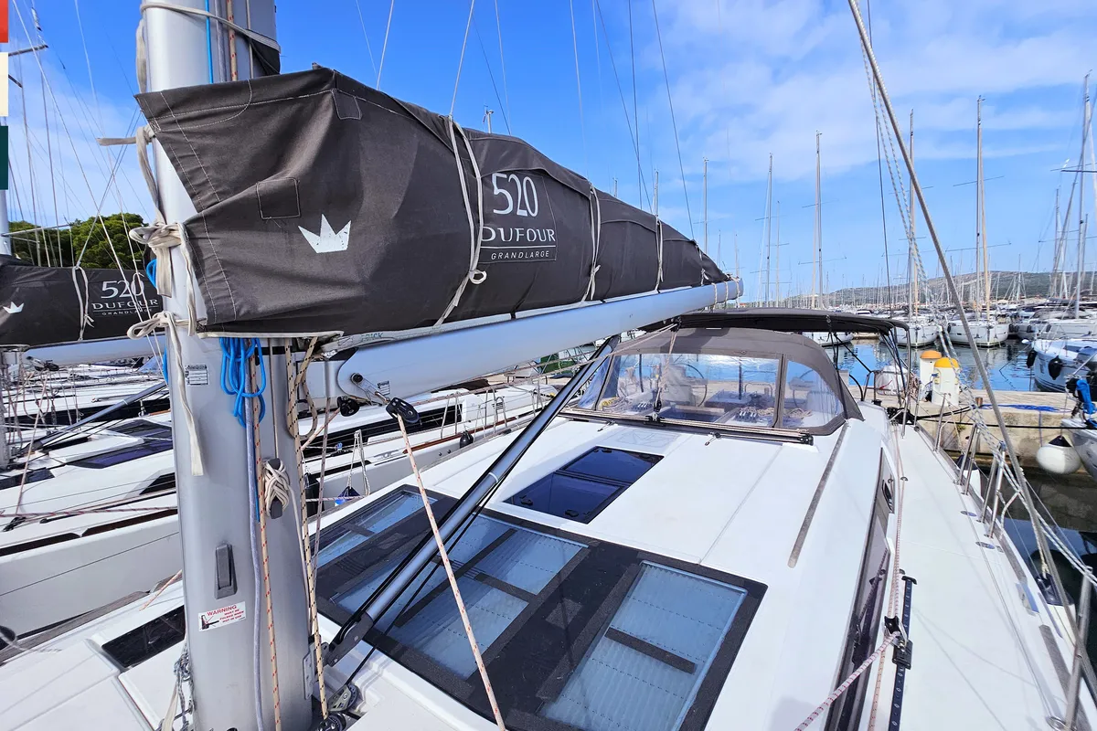 Exterior view of Maverick, a Dufour 520 GL sailboat at Rogoznica, Croatia