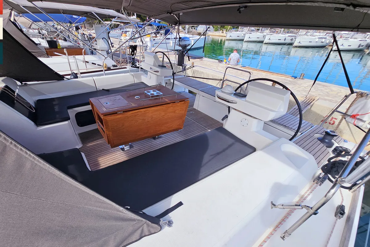 Deck of Maverick, a Dufour 520 GL sailboat at Rogoznica, Croatia