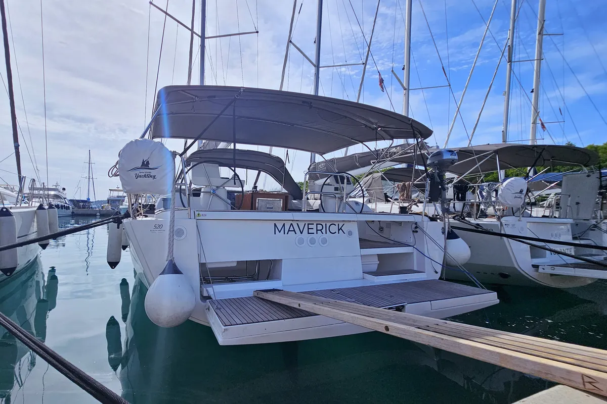 Exterior view of Maverick, a Dufour 520 GL sailboat at Rogoznica, Croatia