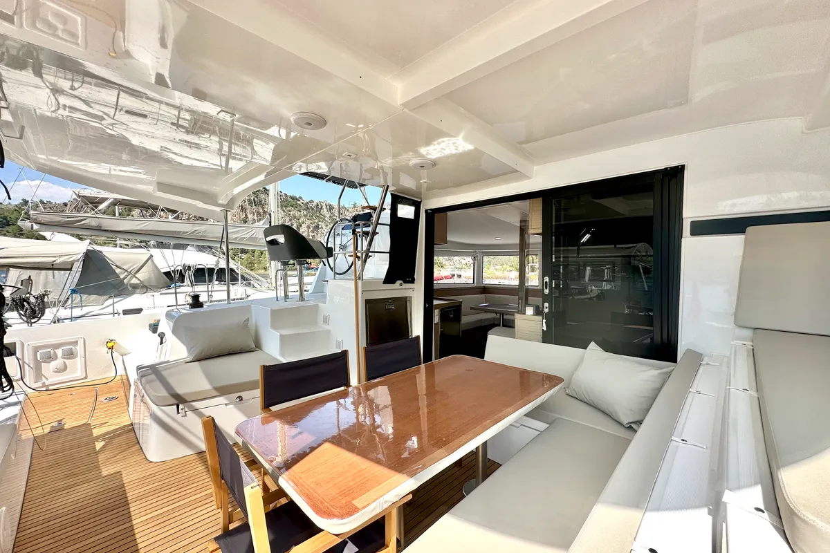 Deck of Sail Proteus, a Lagoon 42 catamaran at Fethiye, Turkey