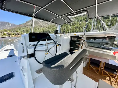 Cockpit of Sail Proteus, a Lagoon 42 catamaran at Fethiye, Turkey