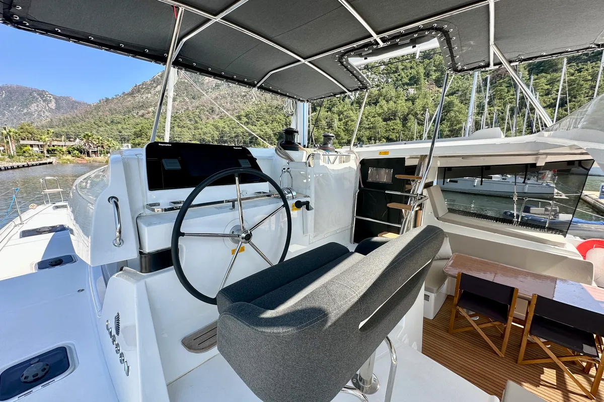 Cockpit of Sail Proteus, a Lagoon 42 catamaran at Fethiye, Turkey