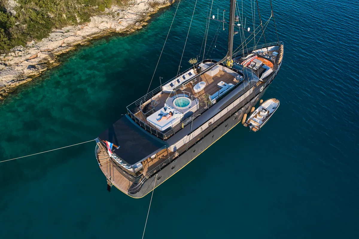 Exterior view of Rara Avis, a Gulet Luxury Sailing Yacht motor yacht at Split, Croatia