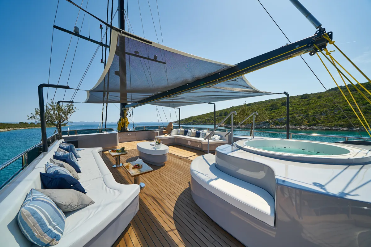 Deck of Rara Avis, a Gulet Luxury Sailing Yacht motor yacht at Split, Croatia