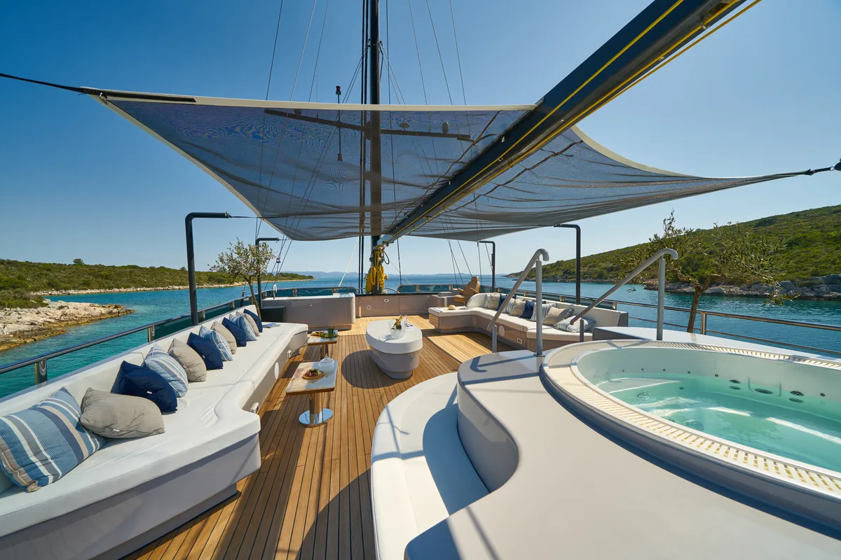 Deck of Rara Avis, a Gulet Luxury Sailing Yacht motor yacht at Split, Croatia