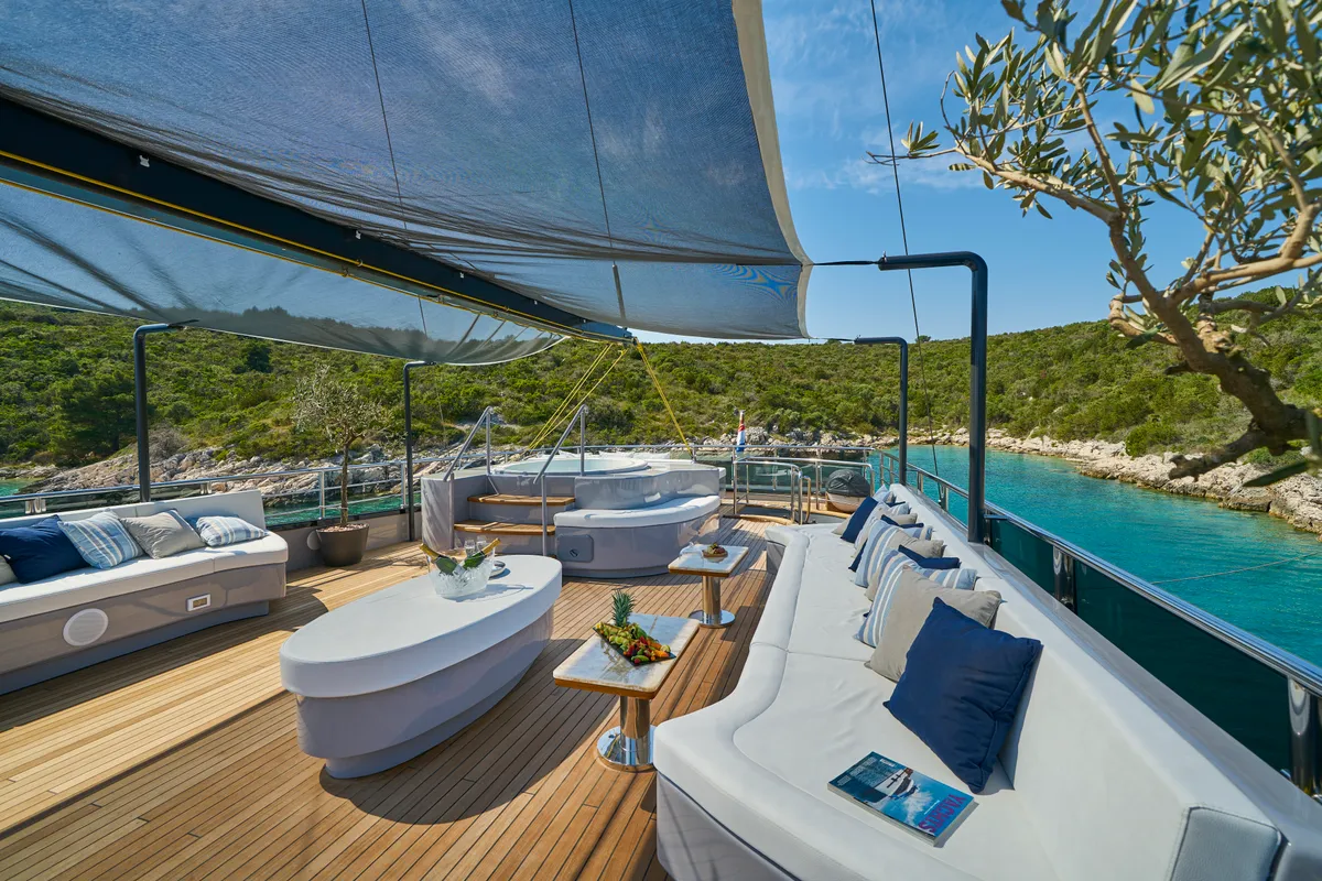Deck of Rara Avis, a Gulet Luxury Sailing Yacht motor yacht at Split, Croatia
