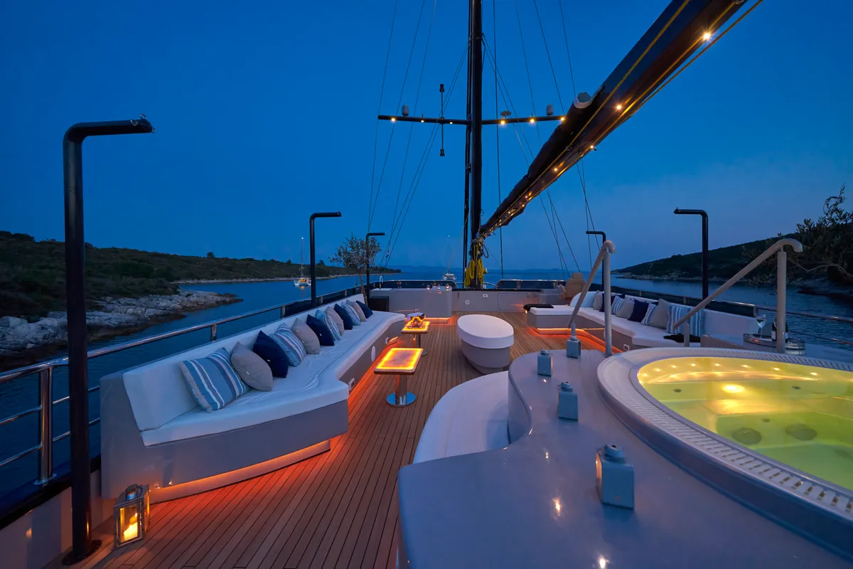 Deck of Rara Avis, a Gulet Luxury Sailing Yacht motor yacht at Split, Croatia