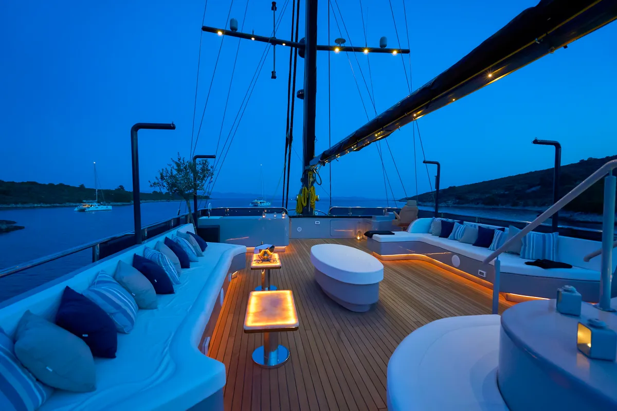 Deck of Rara Avis, a Gulet Luxury Sailing Yacht motor yacht at Split, Croatia