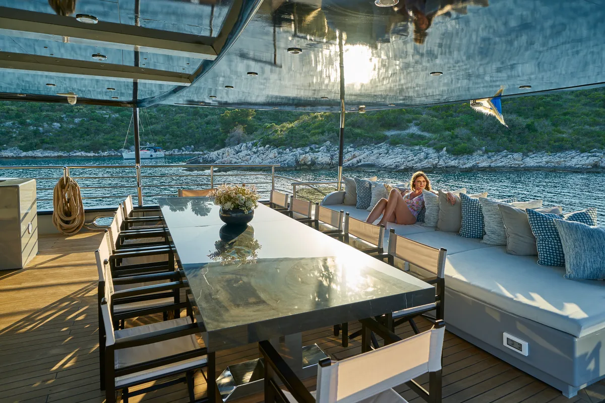 Deck of Rara Avis, a Gulet Luxury Sailing Yacht motor yacht at Split, Croatia