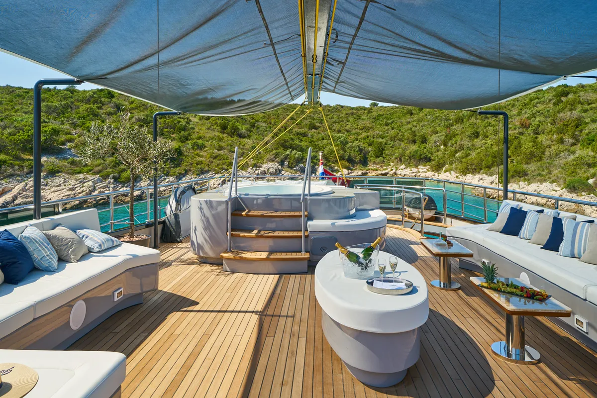 Deck of Rara Avis, a Gulet Luxury Sailing Yacht motor yacht at Split, Croatia