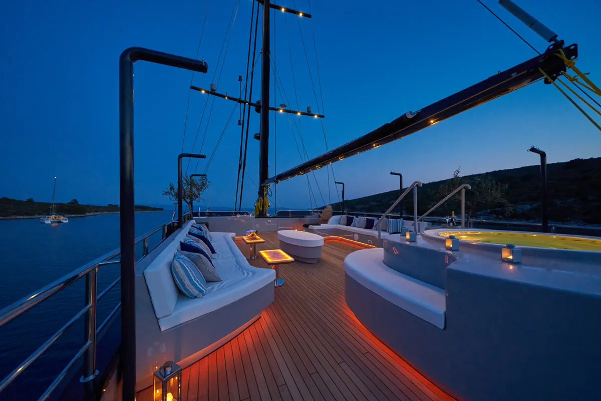 Deck of Rara Avis, a Gulet Luxury Sailing Yacht motor yacht at Split, Croatia