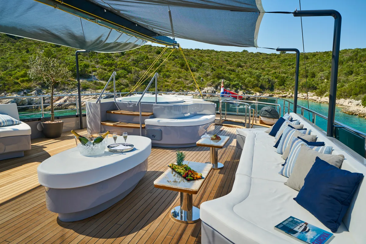 Deck of Rara Avis, a Gulet Luxury Sailing Yacht motor yacht at Split, Croatia