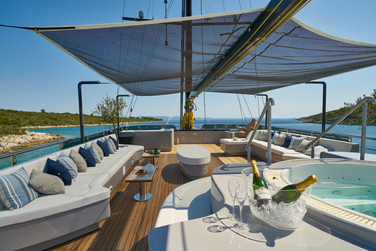 Deck of Rara Avis, a Gulet Luxury Sailing Yacht motor yacht at Split, Croatia