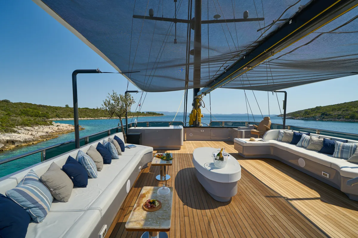 Deck of Rara Avis, a Gulet Luxury Sailing Yacht motor yacht at Split, Croatia