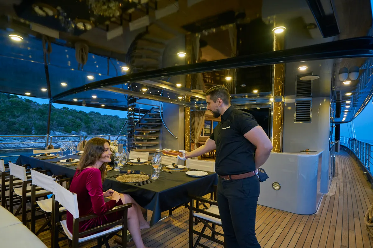 Deck of Rara Avis, a Gulet Luxury Sailing Yacht motor yacht at Split, Croatia