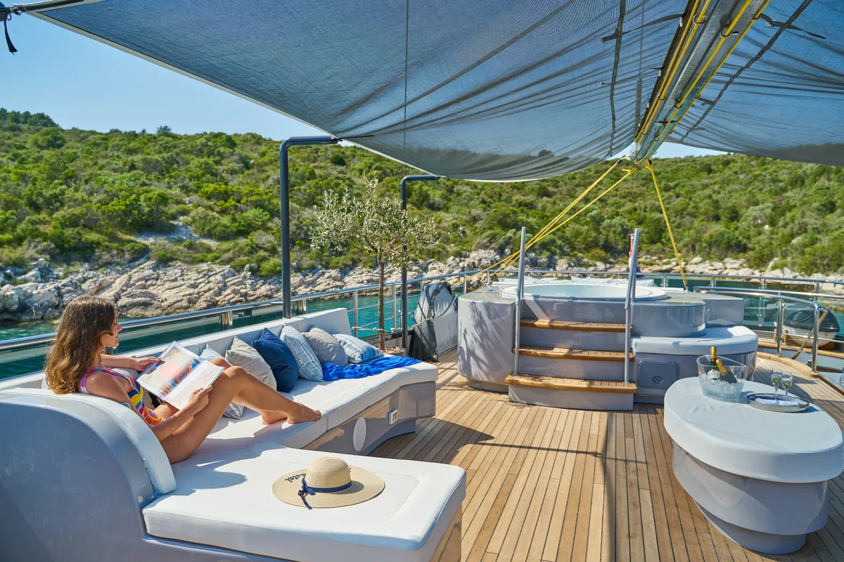Deck of Rara Avis, a Gulet Luxury Sailing Yacht motor yacht at Split, Croatia
