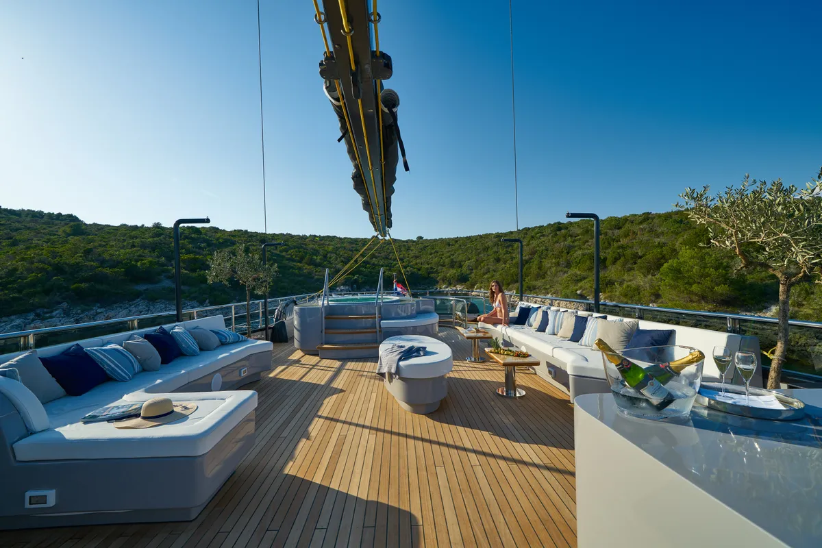 Deck of Rara Avis, a Gulet Luxury Sailing Yacht motor yacht at Split, Croatia