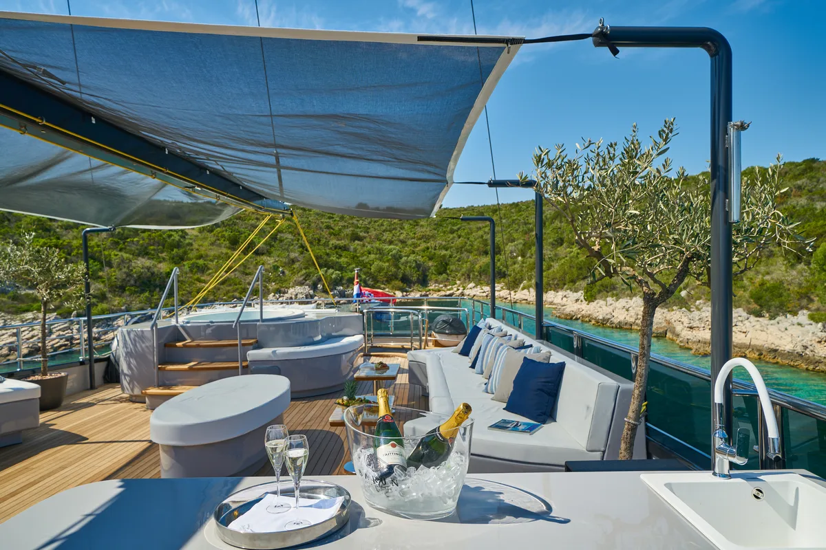 Deck of Rara Avis, a Gulet Luxury Sailing Yacht motor yacht at Split, Croatia