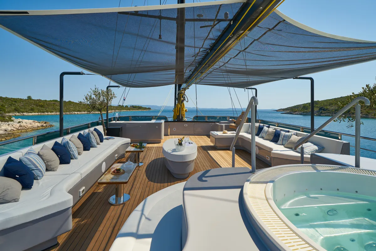Deck of Rara Avis, a Gulet Luxury Sailing Yacht motor yacht at Split, Croatia