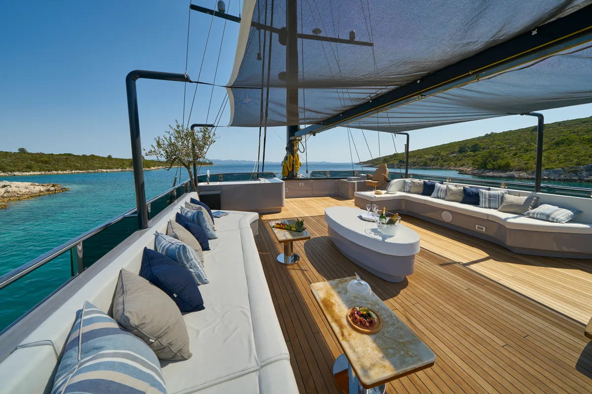 Deck of Rara Avis, a Gulet Luxury Sailing Yacht motor yacht at Split, Croatia