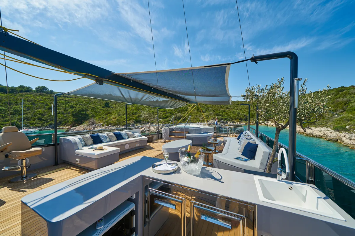 Deck of Rara Avis, a Gulet Luxury Sailing Yacht motor yacht at Split, Croatia