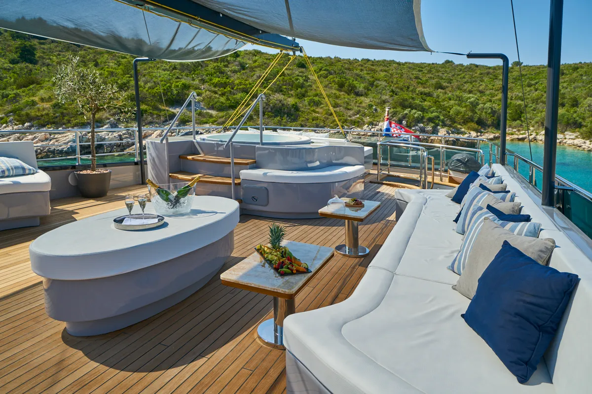 Deck of Rara Avis, a Gulet Luxury Sailing Yacht motor yacht at Split, Croatia