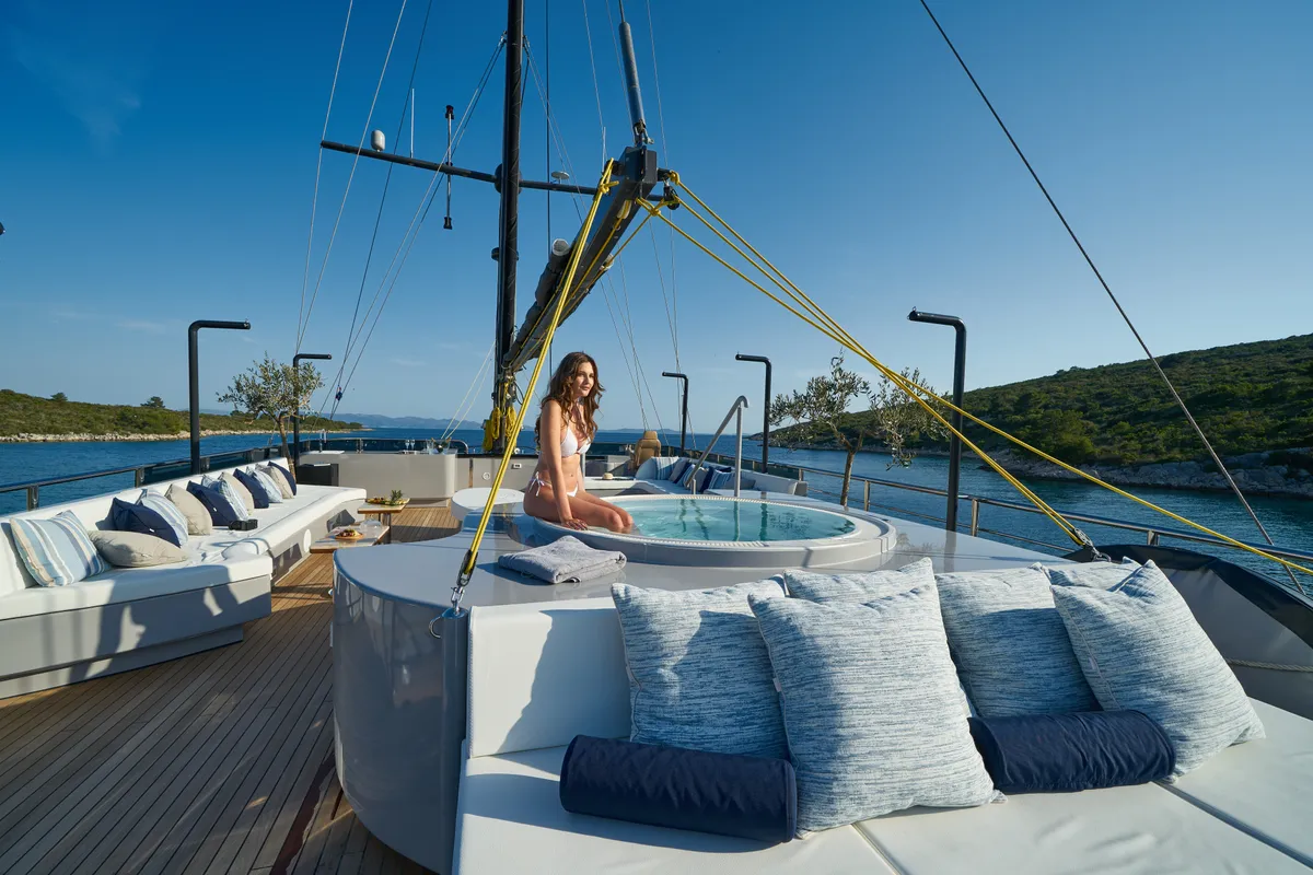 Deck of Rara Avis, a Gulet Luxury Sailing Yacht motor yacht at Split, Croatia