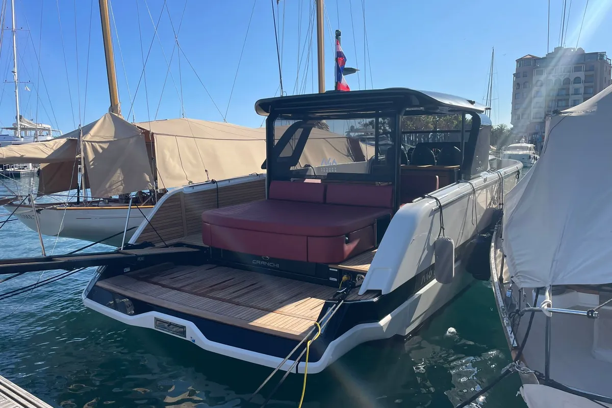 Exterior view of Cranchi A 46, a motorboat at Cannes, France