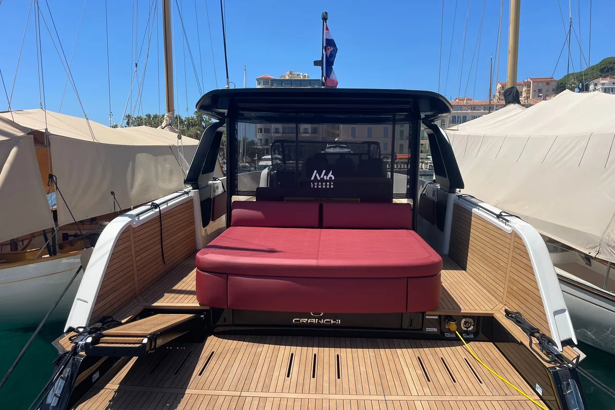Exterior view of Cranchi A 46, a motorboat at Cannes, France