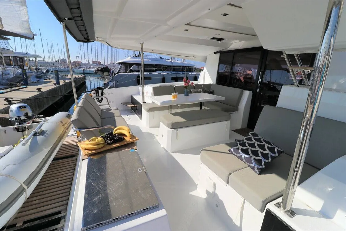 Deck of Mouse, a Fountaine Pajot Astrea 42 catamaran at Općina Rogoznica, Croatia